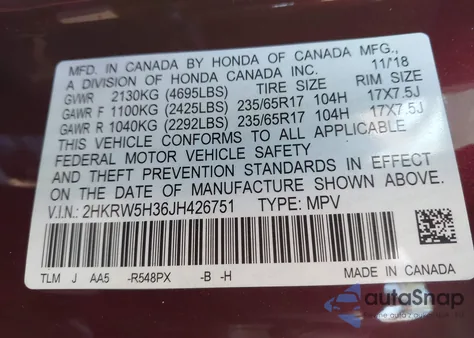 2018 Honda Cr-V Lx from USA, damaged, VIN 2HKRW5H36JH426751